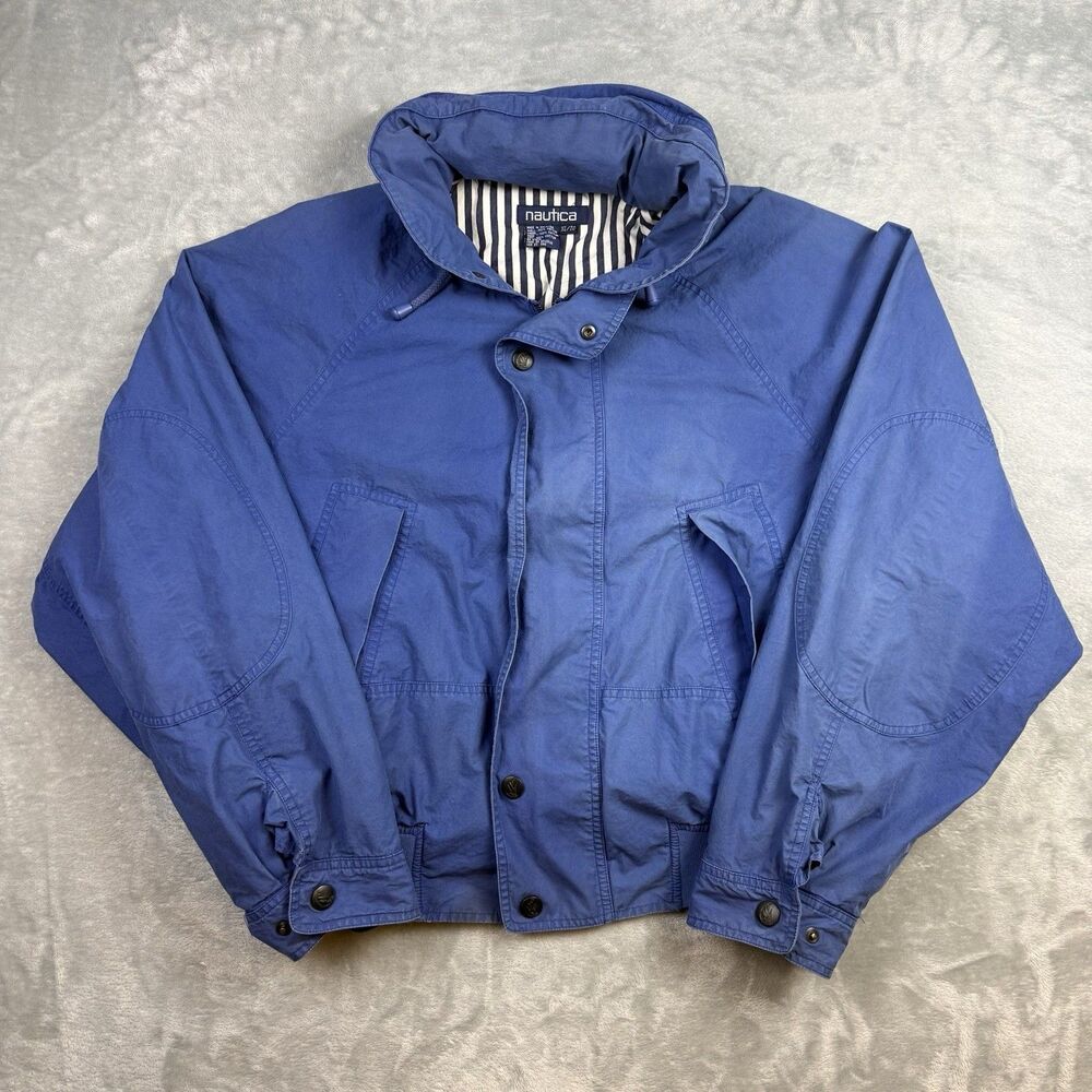 Vintage 90s Nautica Blue Cotton Sailing Jacket Mens XL Striped Lined Spellout